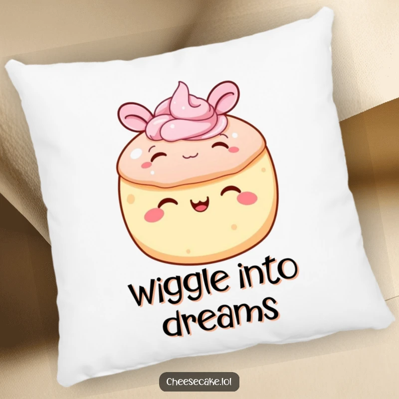 Funny cake pillow featuring a round cake with frosting joyfully wiggling its ears, providing a soft, humorous, and comforting decorative piece.