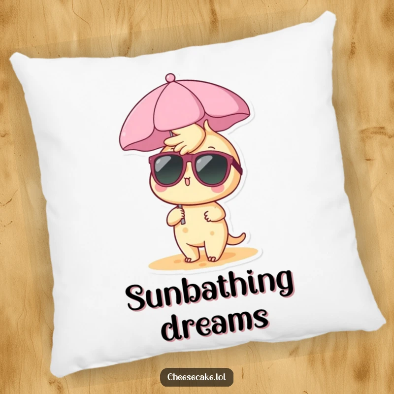 Funny cheesecake pillow depicting a relaxed cheesecake character with sunglasses under a tiny beach umbrella, offering cozy beach vibes.