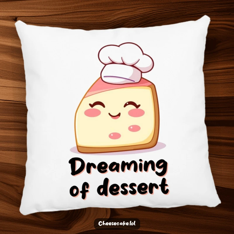 Funny pillow featuring a winking cheesecake slice with a chef hat, perfect for adding comfort and humor to any room.