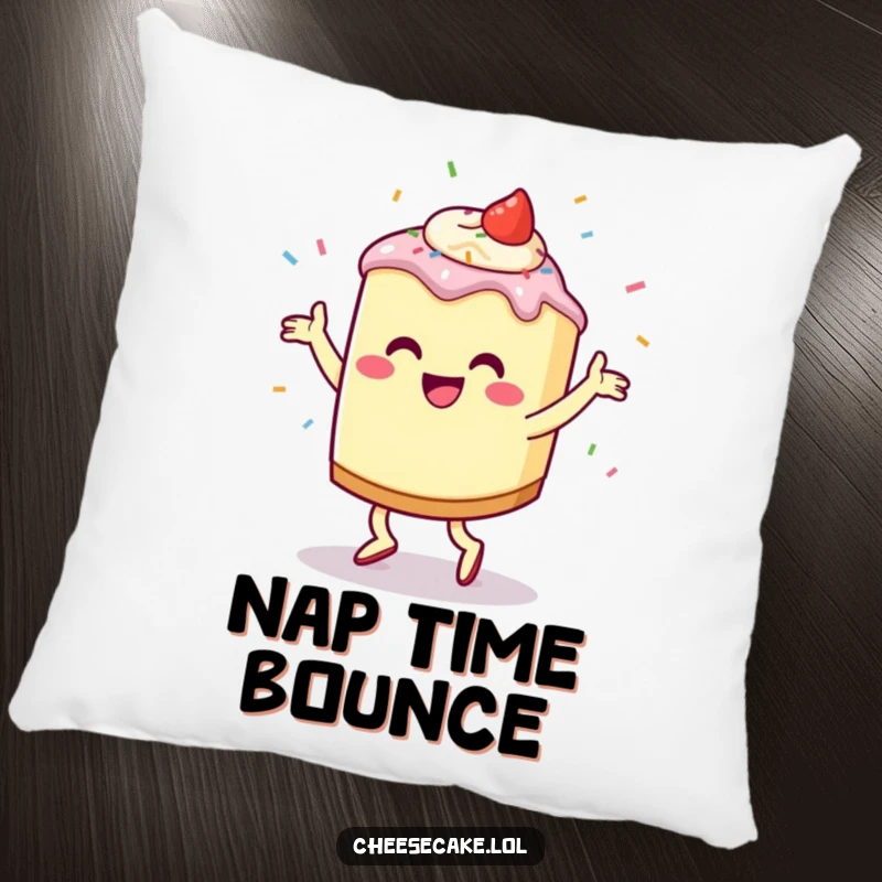 Funny Cheesecake Jig Pillow featuring a happy cheesecake character dancing with sprinkles flying, perfect for adding comfort and cheerful vibes.