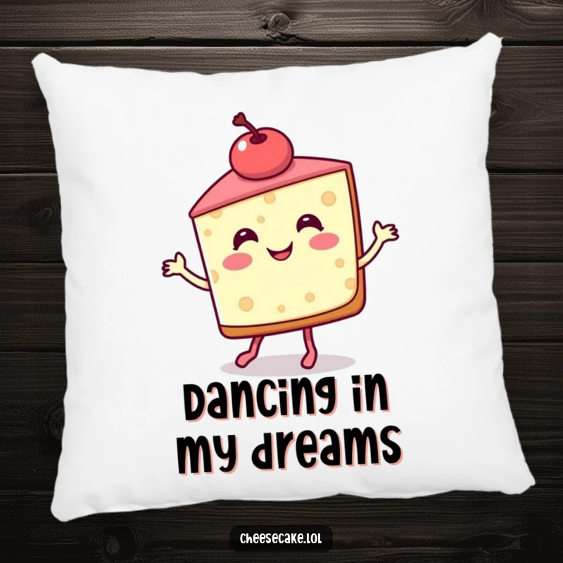 Funny Pillow with a smiling cheesecake slice doing a jig, offering comfort and a delightful dessert-themed accent.