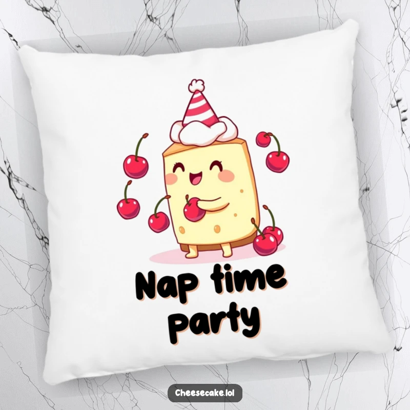 Funny cheesecake juggler pillow showing a cheesecake wearing a party hat and juggling cherries, perfect for comfort.