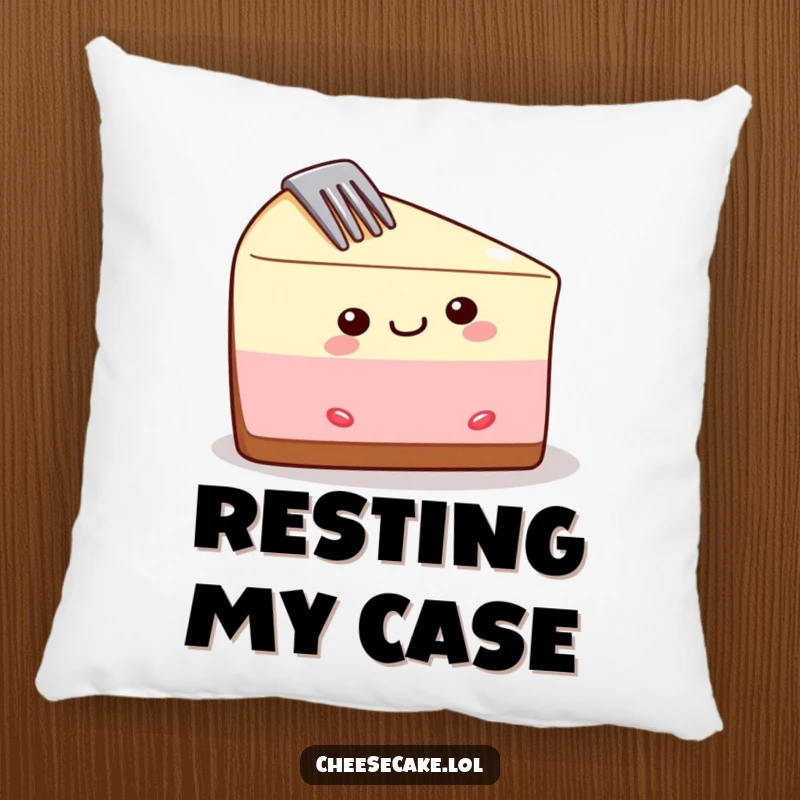 Funny cheesecake pillow design showing a delighted slice with a fork, offering humorous comfort and a touch of sweetness.