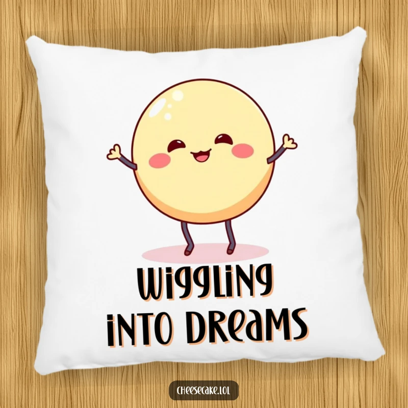 Funny pillow featuring a wobbly cheesecake round with stick legs doing a silly dance jig, adding a touch of sweet, playful comfort.