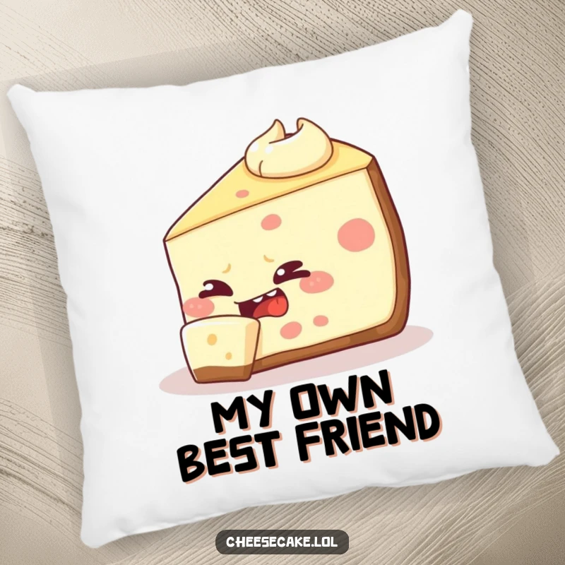 Funny cheesecake slice pillow design, featuring a mischievous dessert attempting to eat its own edge, a soft and humorous companion.