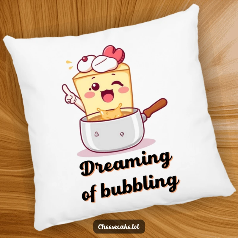 Funny Pillow: A cheesecake excitedly points at a bubbling pot, a soft and humorous culinary accent.