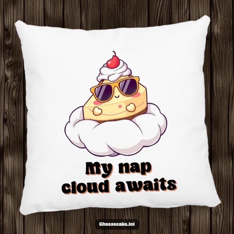Funny decorative pillow with a cheesecake in sunglasses relaxing on a whipped cream cloud, offering comfort and humor.