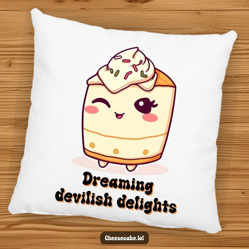 Funny Pillow: A mischievous cheesecake character winks, decorated with sprinkles, a soft and humorous accent.