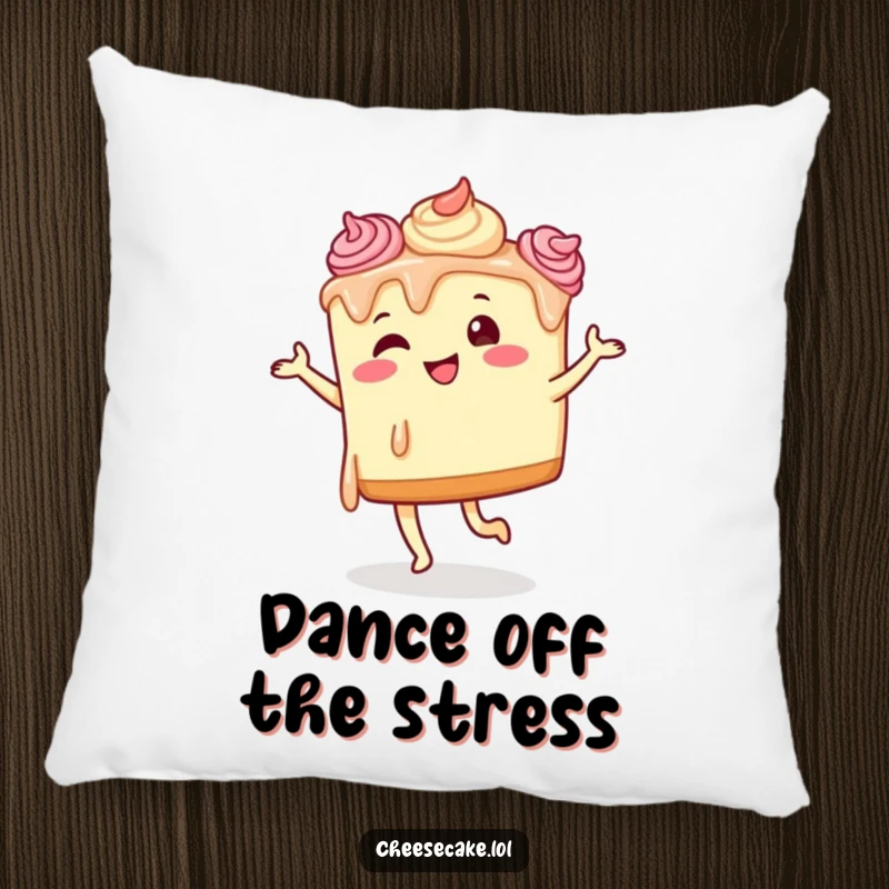 Funny cheesecake dancing pillow showing a cheesecake with frosting drips doing a hilarious, silly dance.