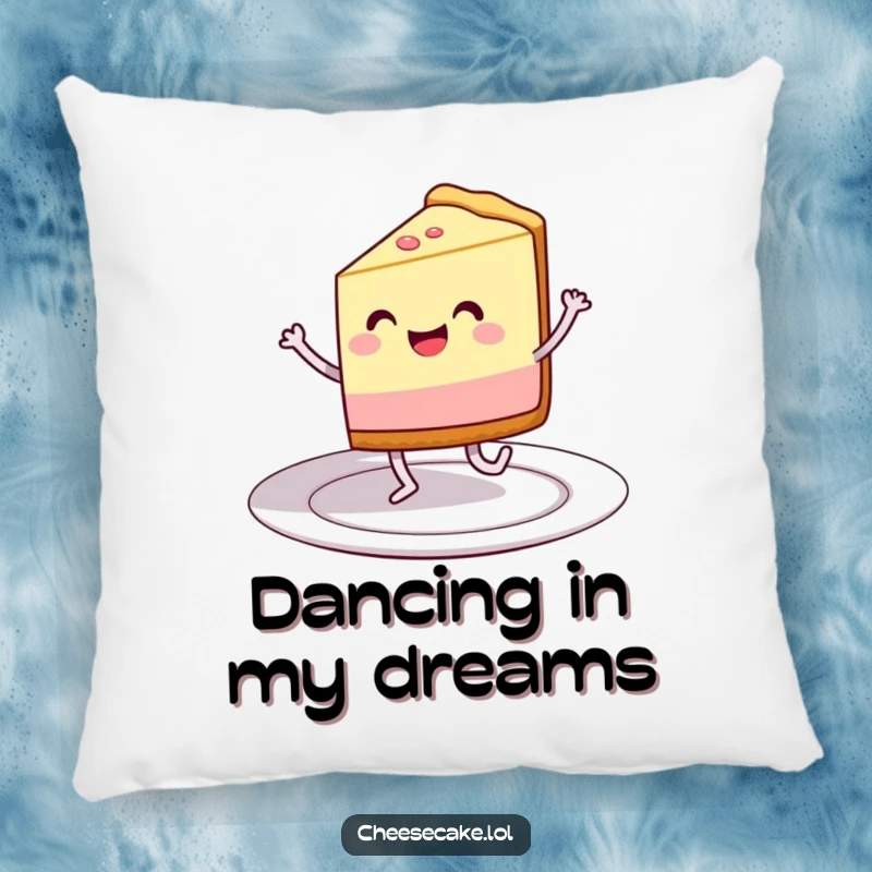 Funny pillow featuring a grinning cheesecake slice dancing on a plate, perfect for adding comfort and joy.