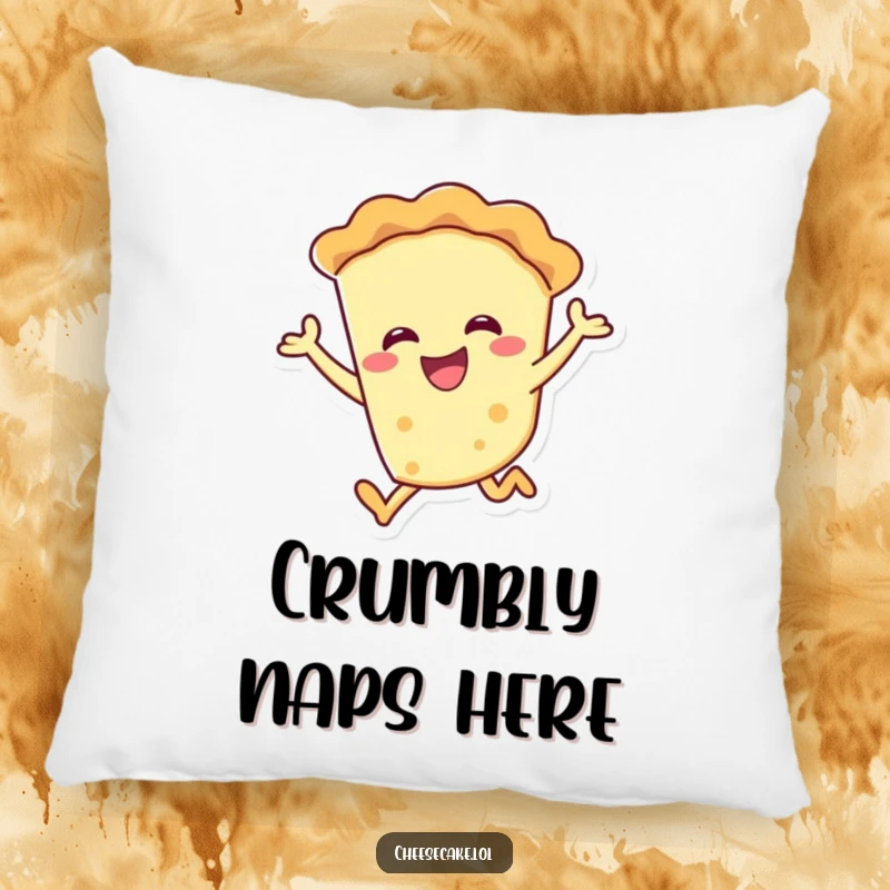 Funny smiling pie character joyfully leaping on a pillow, perfect for cozy comfort.
