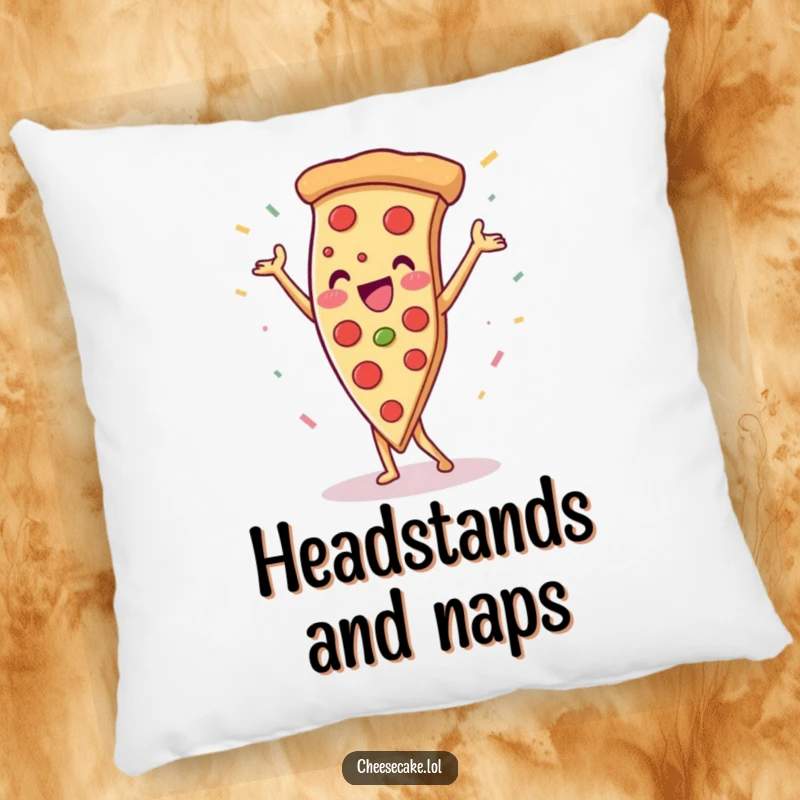 Funny pizza slice doing a handstand with confetti, a soft and humorous pillow designed to bring joy and comfort.