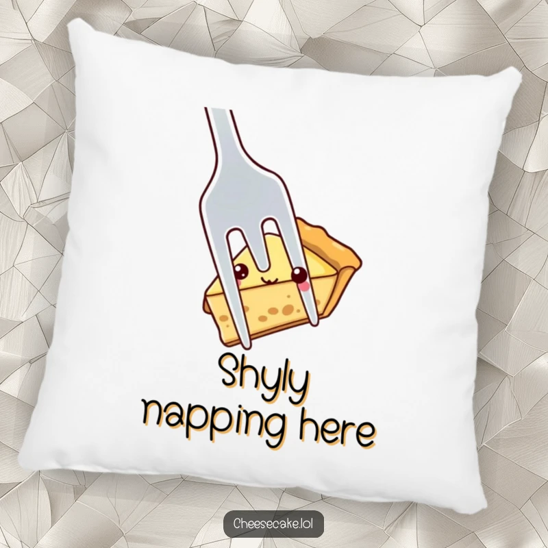 Funny shy pie slice peeking out from behind a large fork, a soft and humorous pillow designed for gentle comfort.