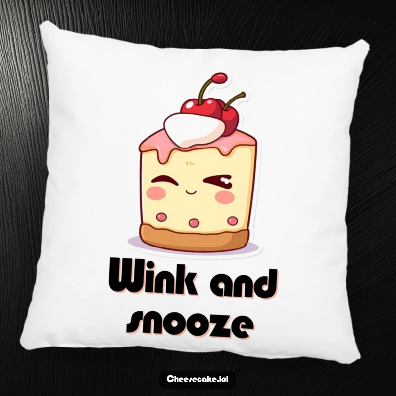 Funny decorative pillow of a cheesecake character with a cherry on top, winking slyly with a playful look.