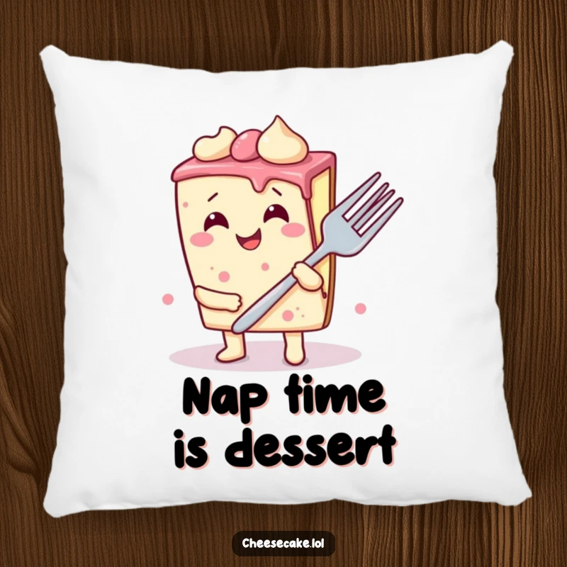 Funny cheesecake slice pillow design, showing a wobbly dessert with a huge smile giggling while holding a giant fork, a plush comedic character.