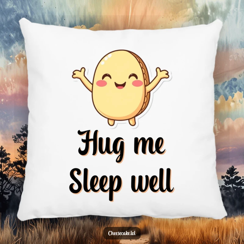 Funny macaron pillow featuring a smiling, anthropomorphic macaron with arms outstretched, inviting a humorous and comforting hug, perfect for lounging.