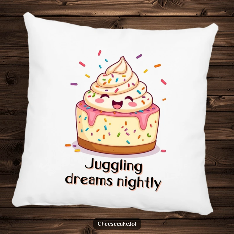 Funny Pillow: A happy cheesecake juggles colorful sprinkles, a soft and cheerful decorative accent.