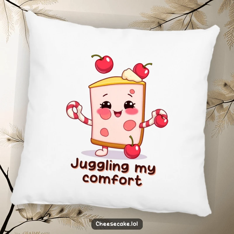 Funny pillow with a smiling cheesecake slice juggling cherries using candy cane arms, perfect for cozy festive decor.
