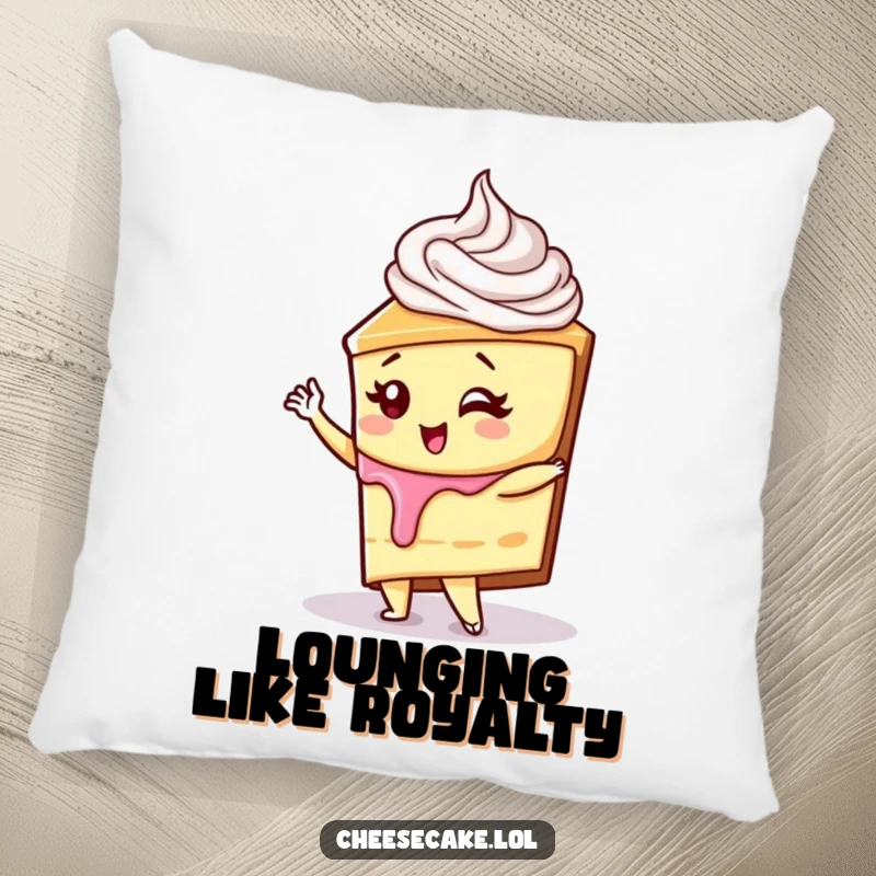 Funny cheesecake with whipped cream swirl striking a diva pose on a plush pillow, a delightful funny gift.