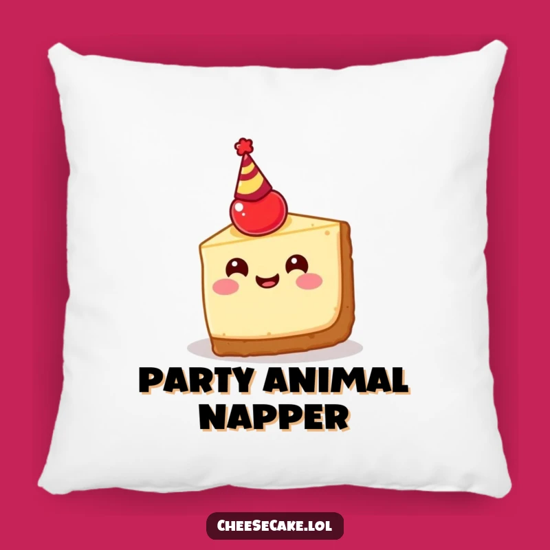 Funny Cheesecake Party Pillow: Cozy Happy Slice with Cherry Hat, Huggable Fun!