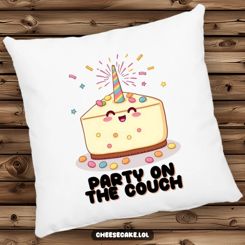 Funny Cheesecake Party Pillow featuring a cheesecake slice celebrating with a party popper and candy shower, perfect for comfort and festive vibes.