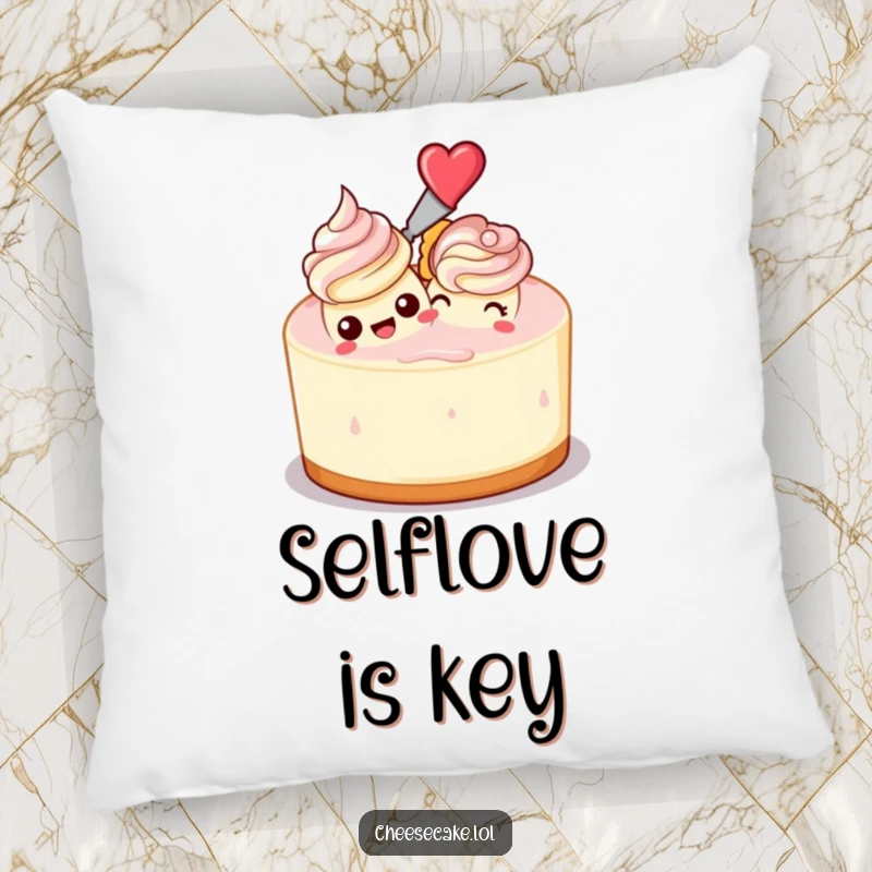Funny decorative pillow showing a cheesecake frosting another cheesecake, ideal for adding a humorous and cozy touch to any room.