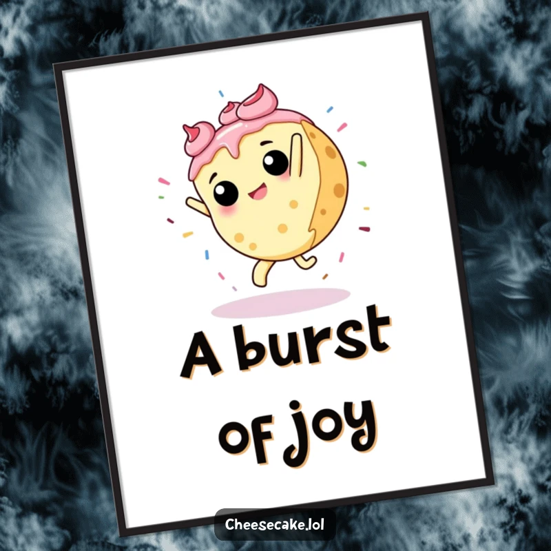 Funny digital art of a cheesecake performing a cartwheel, with a splash of sprinkles, creating a humorous, energetic, and visually appealing piece.