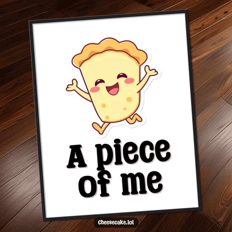 Funny smiling pie character joyfully leaping, available as a cheerful digital art print.