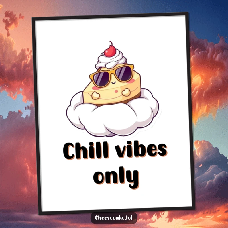 Funny digital art print of a cheesecake in sunglasses relaxing on a whipped cream cloud, ideal for humorous and stylish home decor.