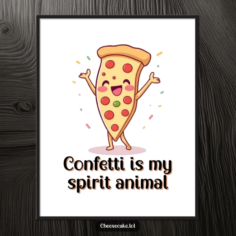 Funny pizza slice doing a handstand with confetti, a downloadable digital art print for humor and pizza enthusiasts.