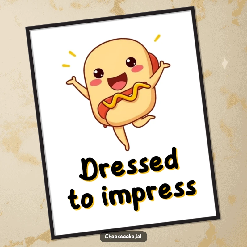 Funny hot dog digital art print of a proud hot dog performing a ballet pose with mustard.