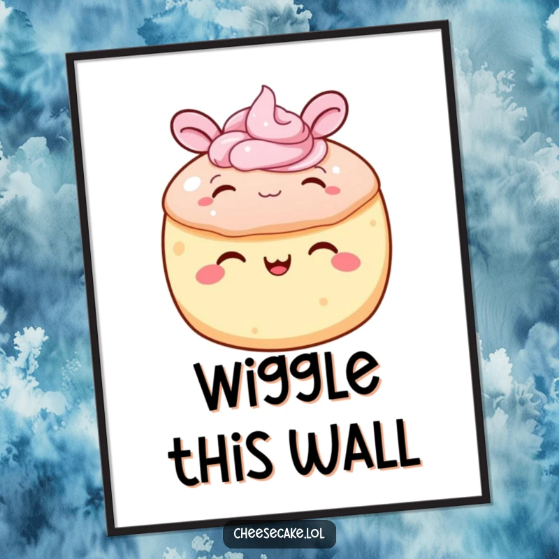 Funny cake digital art print of a round cake with frosting joyfully wiggling its ears, bringing instant humor and happiness.