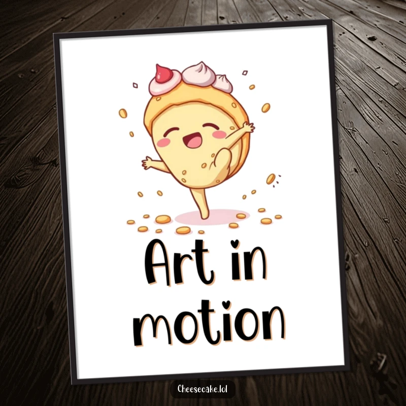 Funny cheesecake digital art print capturing a dessert character's clumsy cartwheel, scattering crumbs, perfect for framing and display.