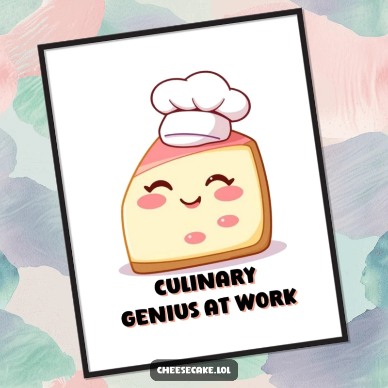 Funny digital art print of a winking cheesecake slice wearing a chef hat, bringing sweet, culinary humor to decor.