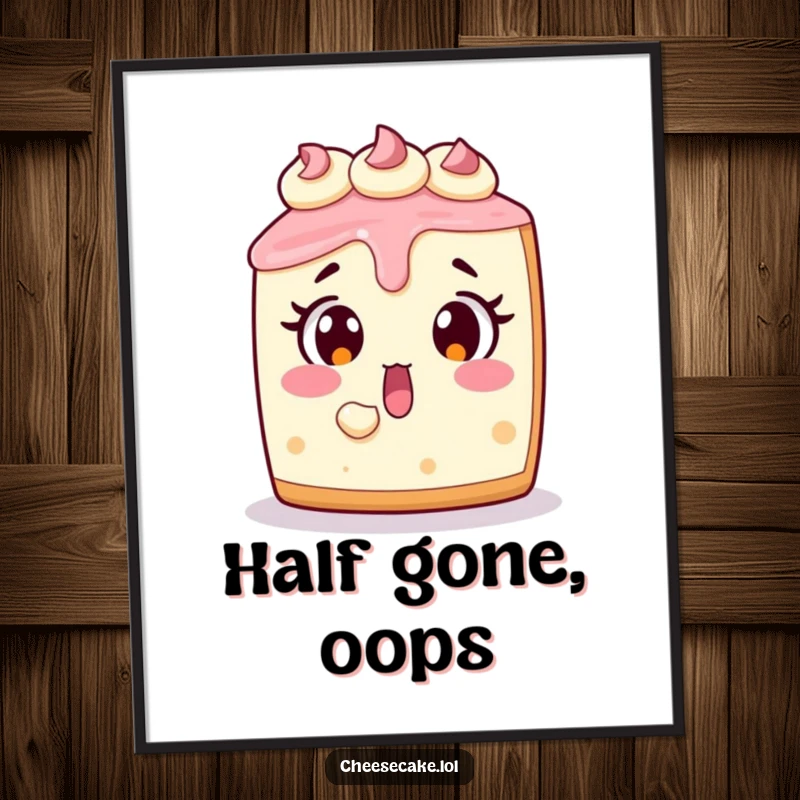 Funny cheesecake digital art print of a surprised dessert character with a bite taken out, for instant download.