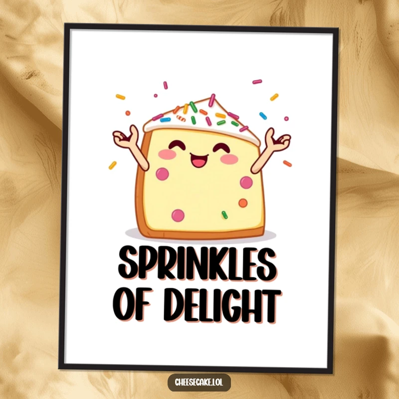 Funny digital art print of a cheerful cheesecake wedge with tiny arms juggling colorful sprinkles, full of sweet, playful energy.
