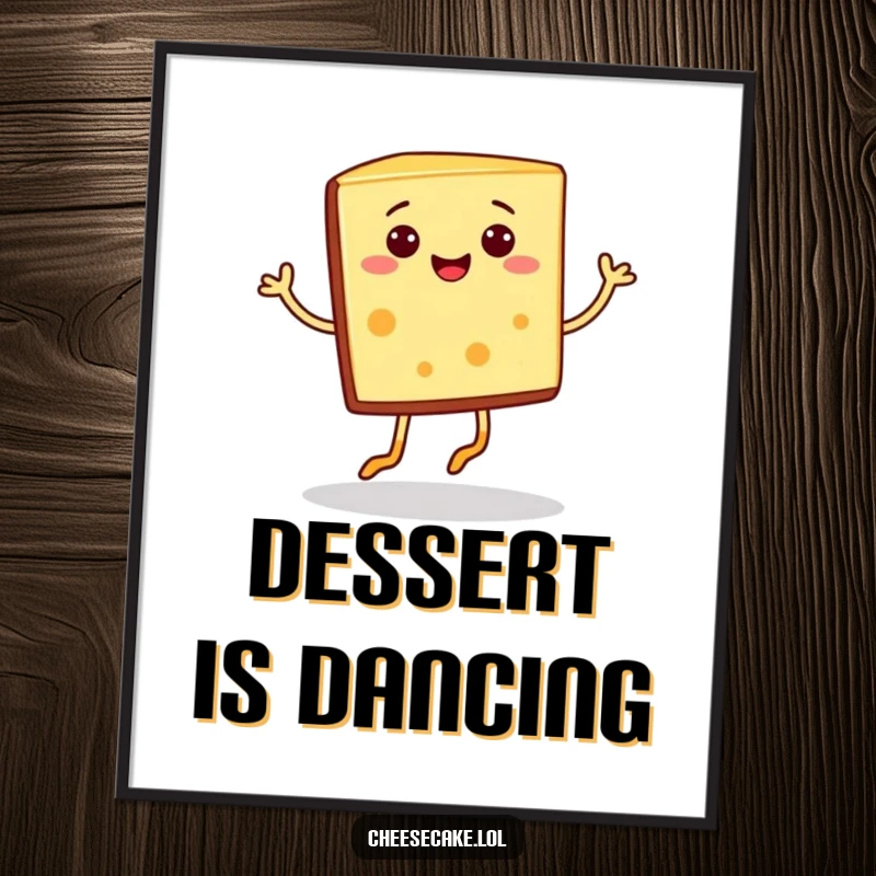 Funny smiling cheesecake slice with tiny legs doing a jig, digital art print, perfect for a funny gift.