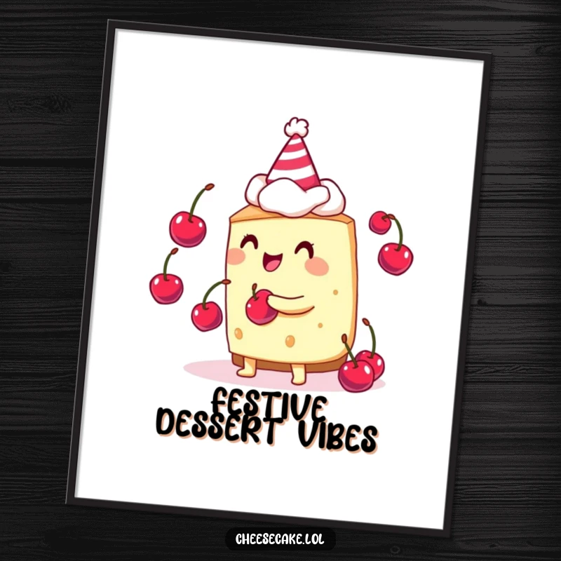 Funny cheesecake juggler digital art print of a cheesecake wearing a party hat and juggling tiny cherries.