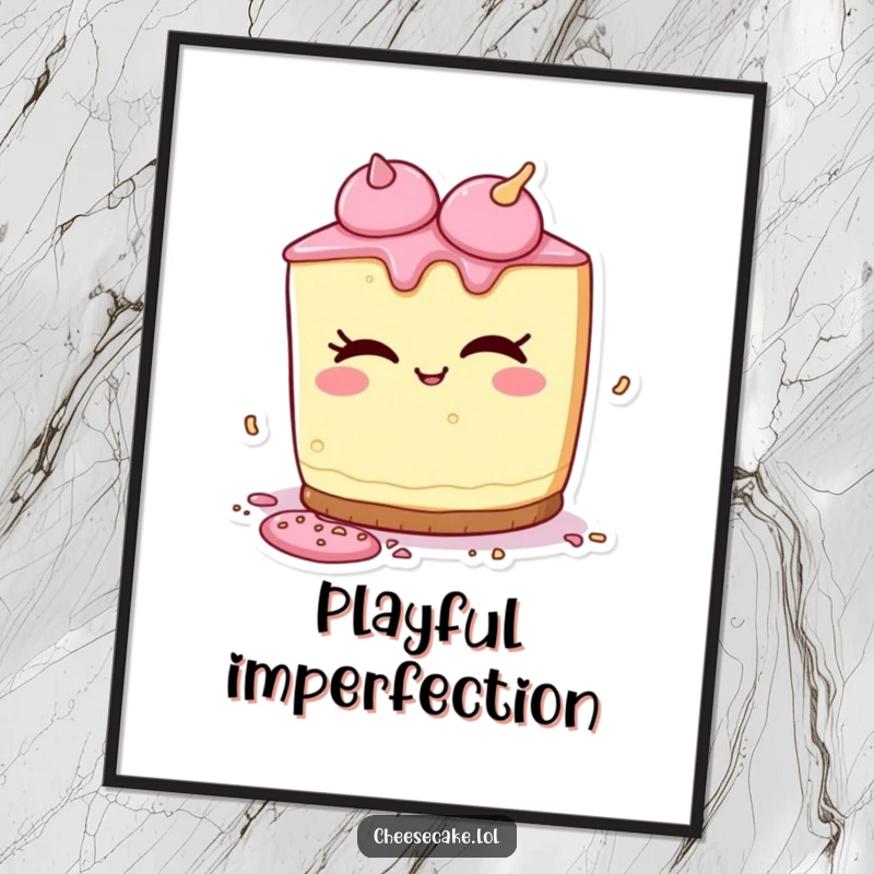 Funny digital art print of a cheesecake character with a mischievous wink, playfully spilling colorful sprinkles.