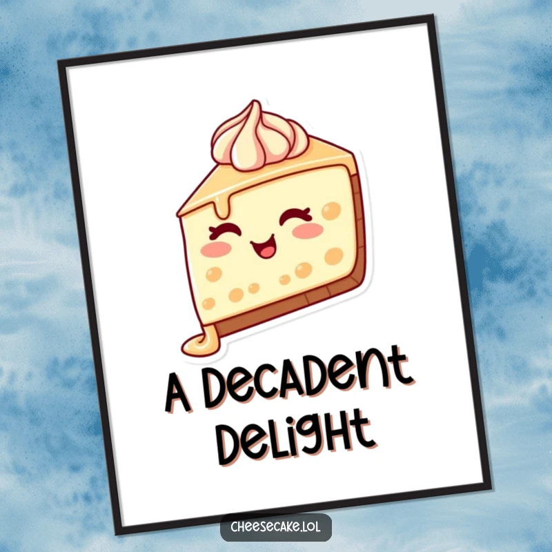 Funny Cheesecake Wink Digital Art Print of a cheesecake slice with frosting dripping and a charming wink, adding sweet humor to any digital display.