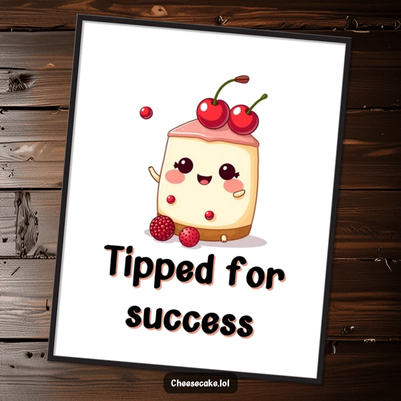 Funny cheesecake wearing a cherry tiara, juggling berries, digital art print, perfect for a funny gift.