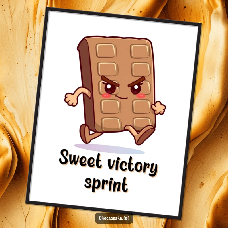 Funny digital art print of a determined chocolate bar running a race, symbolizing focus and endurance.