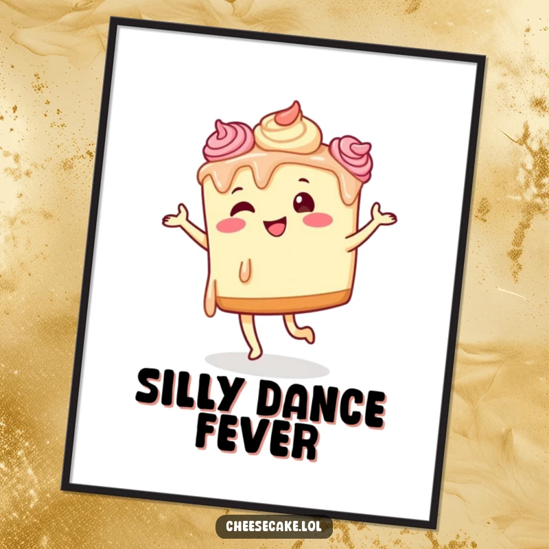 Funny cheesecake dancing digital art print of a cheesecake with frosting drips, performing a silly dance.
