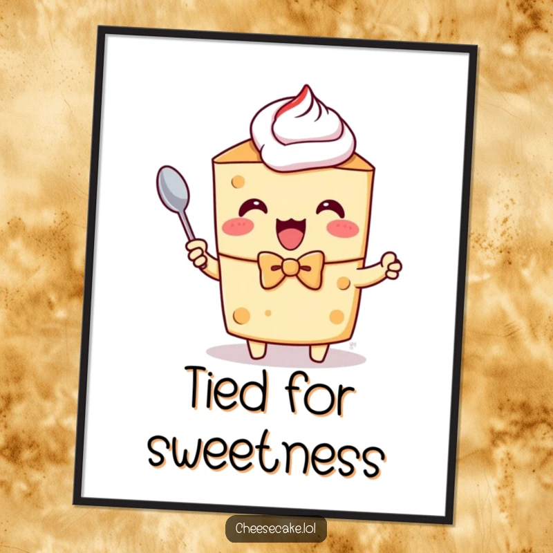 Funny digital art print of a cheesecake character in a bow tie, excitedly holding a tiny spoon.