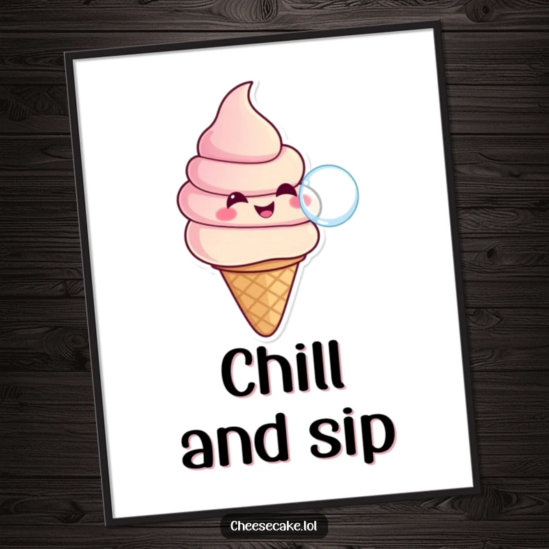 Funny digital art print of a smiling ice cream swirl in a cone blowing a bubble, perfect for sweet, humorous decor and gifts.