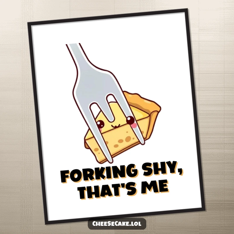 Funny shy pie slice peeking out from behind a large fork, a downloadable digital art print for humor and pie enthusiasts.
