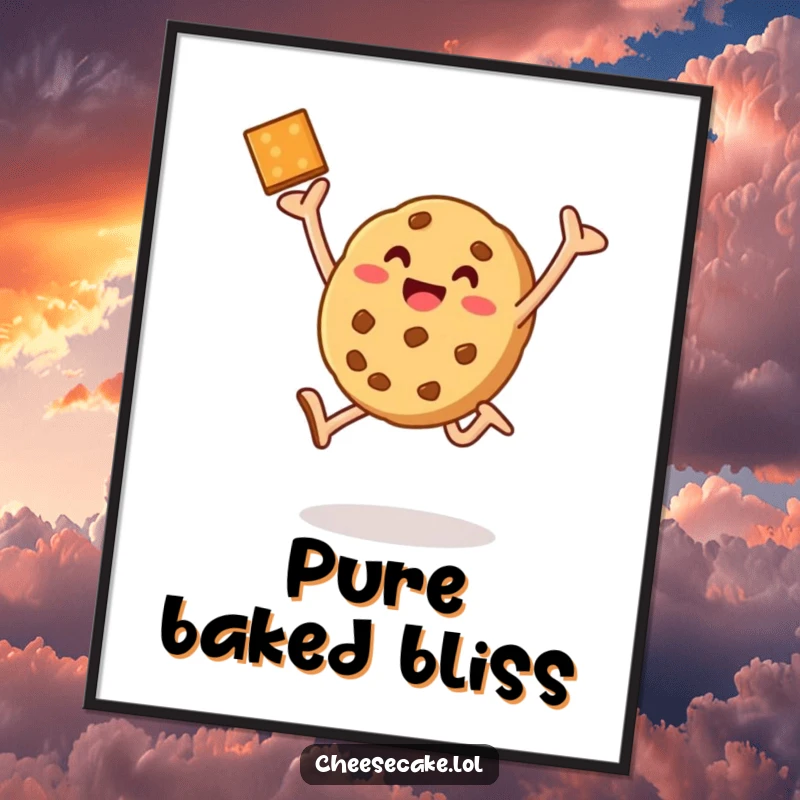 Funny baked cookie leap digital art print, depicting a joyful cookie celebrating a successful bake, for instant decor.