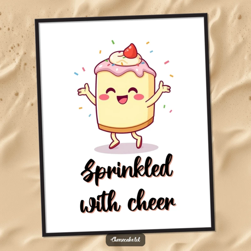 Funny Cheesecake Jig Digital Art Print of a dancing cheesecake character with sprinkles flying, bringing festive cheer to any display.