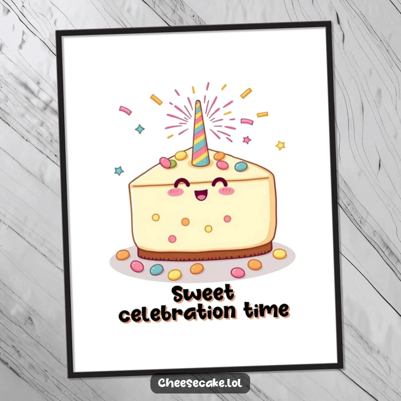 Funny Cheesecake Party Digital Art Print of a cheesecake slice celebrating with a party popper and candy shower, adding festive humor to displays.