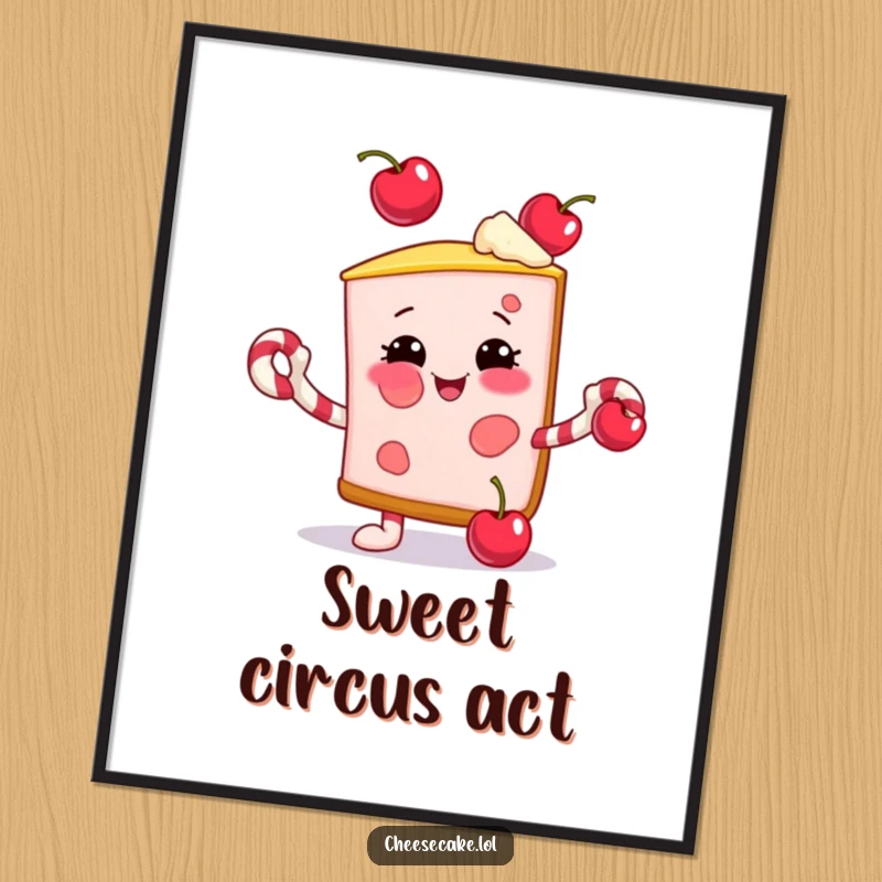Funny digital art print of a smiling cheesecake slice juggling cherries with candy cane arms, bringing festive humor to decor.